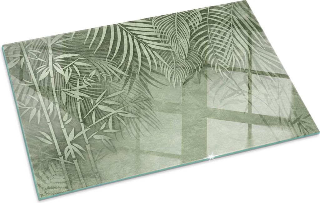 Tropische Blätter im Hintergrund – Glasbodenplatte für – Kaminofen – Kaminplatte Glas – Schutzglas – Funkenschutzplatte –Glasbodenpla...