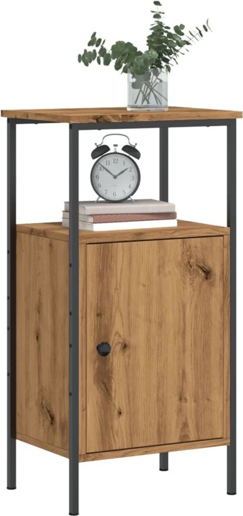 A wooden nightstand with a metal frame, a drawer, and a clock on top.