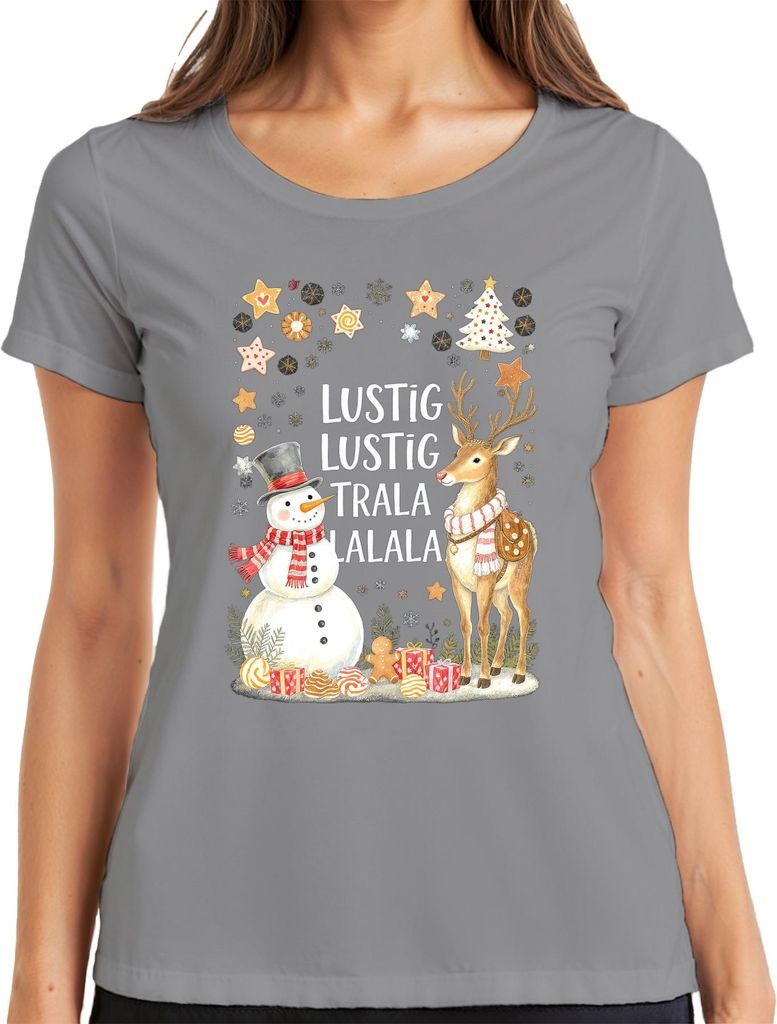 Lustig Lustig Trala Lalala Weihnachten Schneemann Rentier Retro Damen T-Shirt, Grau, 3XL