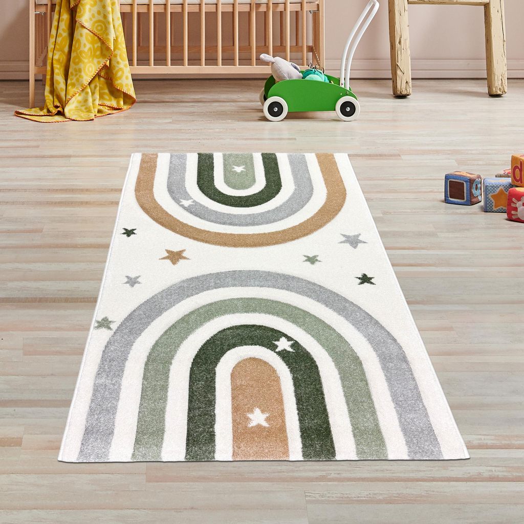 Kinderzimmerteppich Pastelltöne Weich Pflegeleicht mit Regenbogen-Muster in creme pastell Größe - 80 x 150 cm