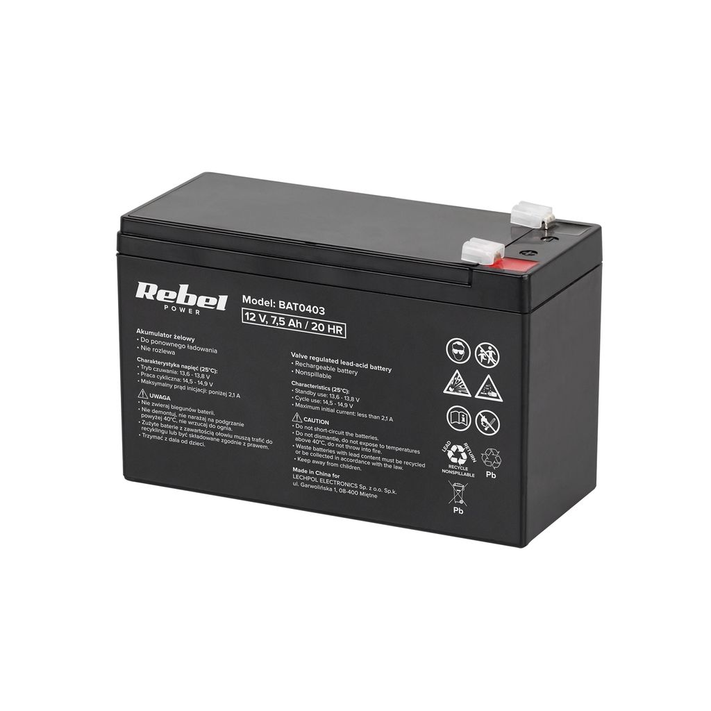 Batterie gel plomb Rebel 12V, 7.5Ah, sans entretien, Image du produit 