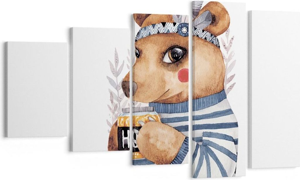 Bild auf Leinwand - Leinwandbild - 5 Teile - Anthropomorphisierung Bär Kinder - 100x60cm - Wand Bild - Wanddeko - Wandbilder - Leinwanddruck - Bil...