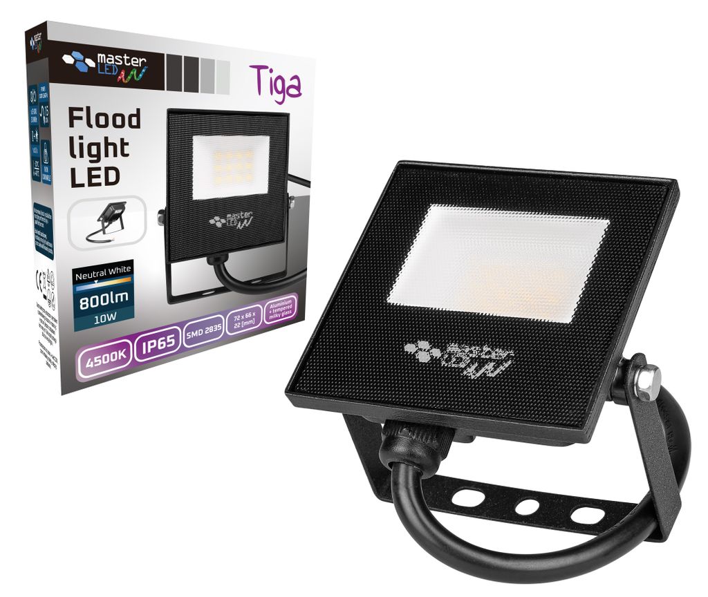 MasterLED Flutlicht SMD Tiga 10W 4500K Neutralweiß – 800lm, IP65, Schwarz, 230V – Robustes Aluminium für Baustelle, Werkstatt & Außenbereich