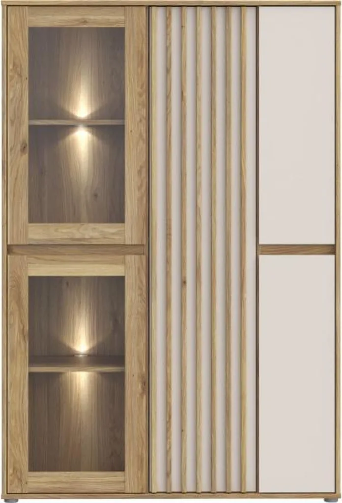 Grande vitrine bicolore ELISTON 5 portes avec rangements vitrés design