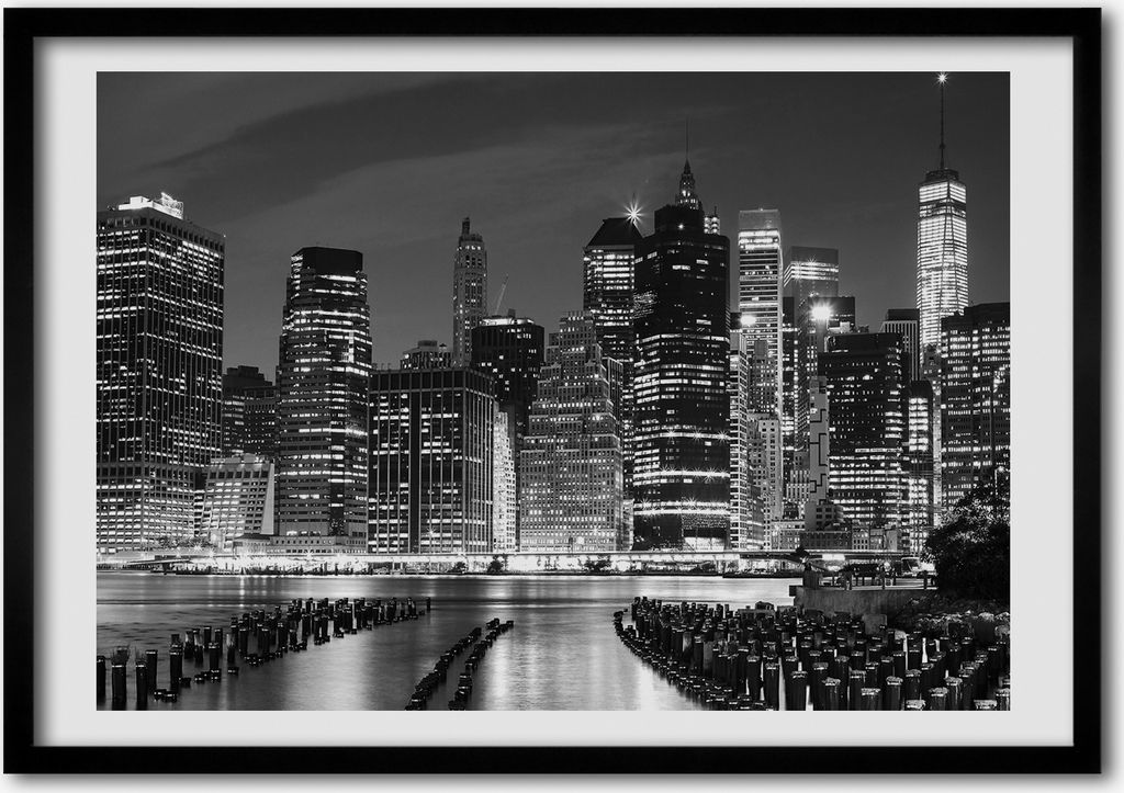 Bild - Bilderrahmen - 100 cm x 70 cm - MDF - Rahmen - Foto - Wandkunst Manhattan bei Nacht