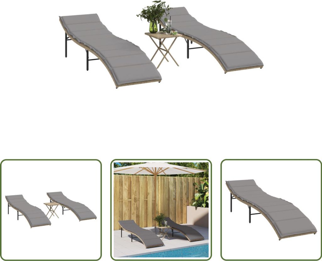 The Living Store Sonnenliegen 2 Stk. mit Tisch Beige Poly Rattan