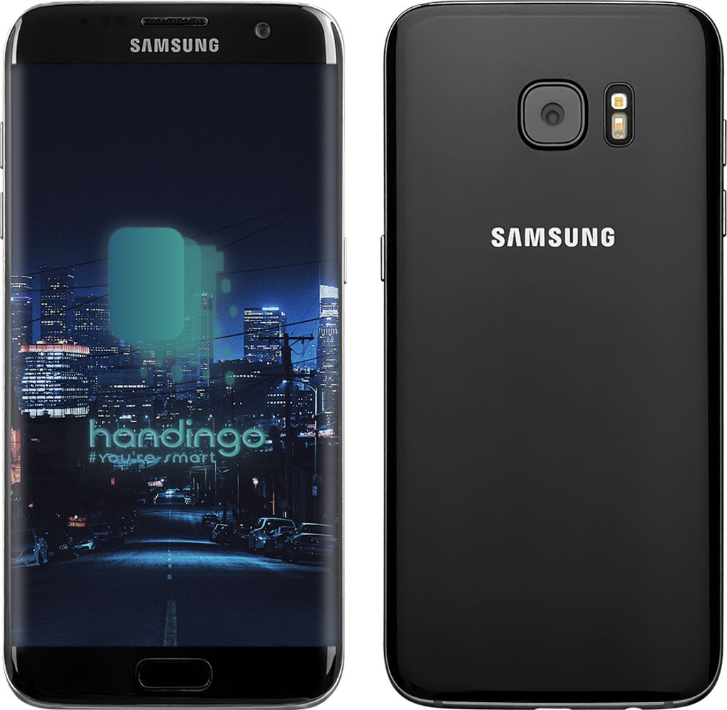 Front and back view of a black Samsung Galaxy S7 Edge smartphone.