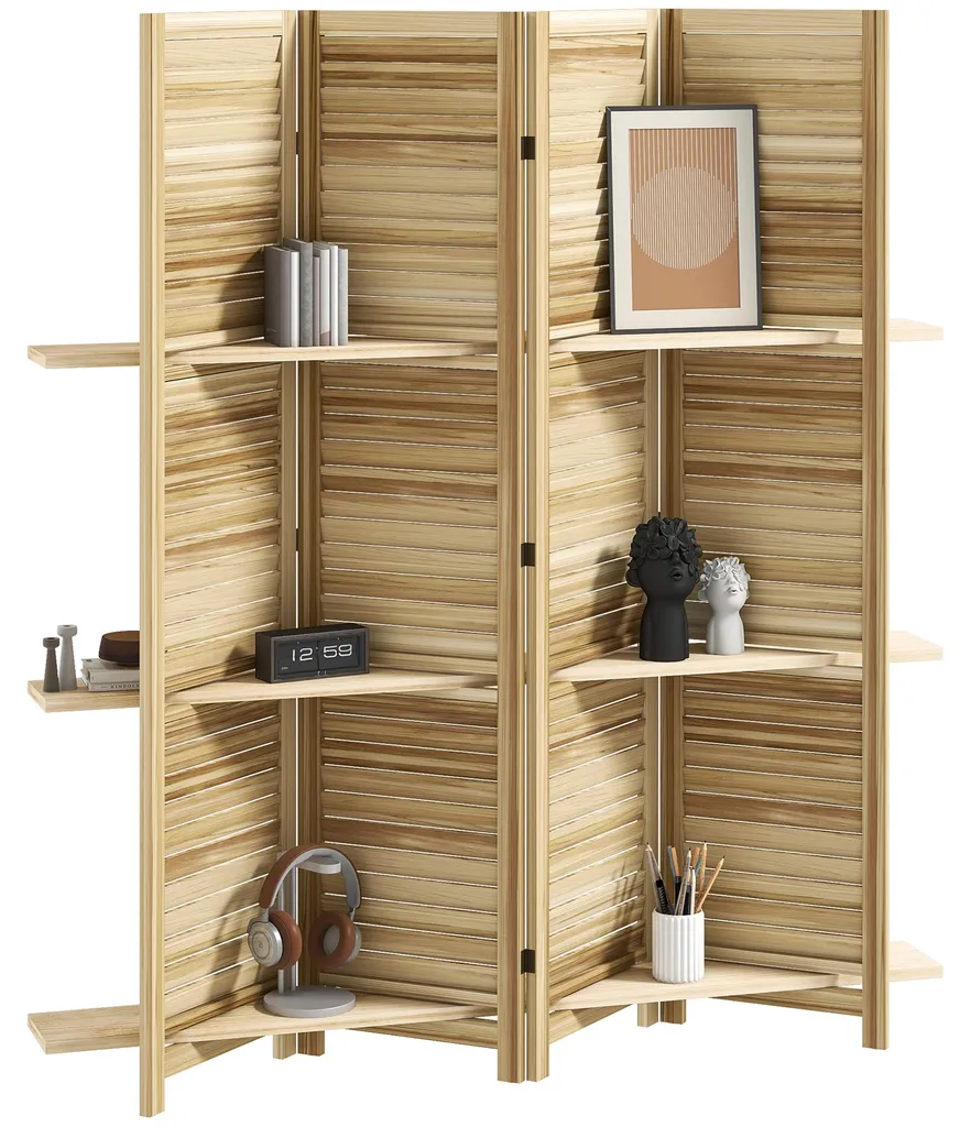 Paravent 4 panneaux bois naturel 160x170 cm avec 3 étagères de rangement