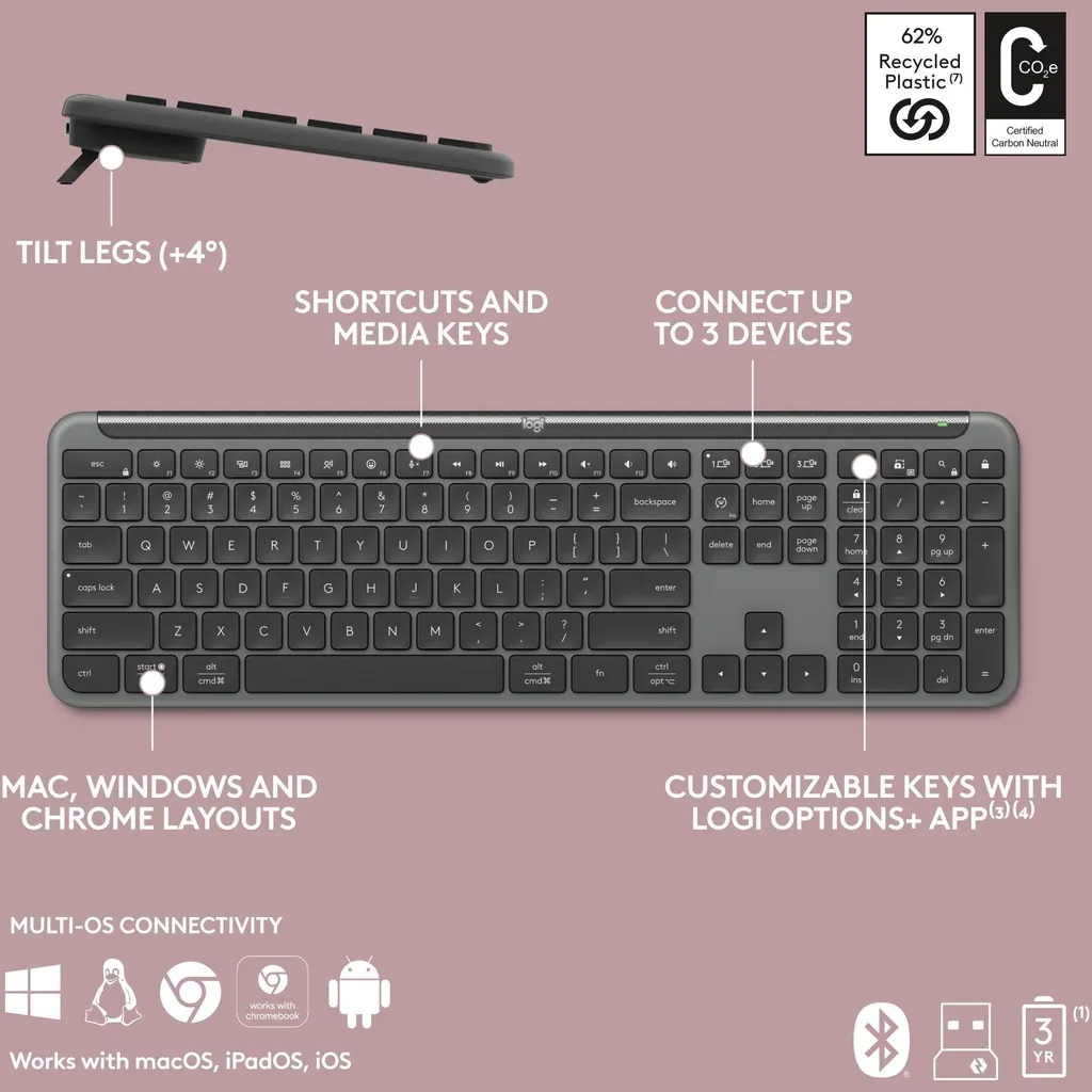 Logitech 920-012465 Clavier Graphite Sans Fil RF et Bluetooth QWERTY US