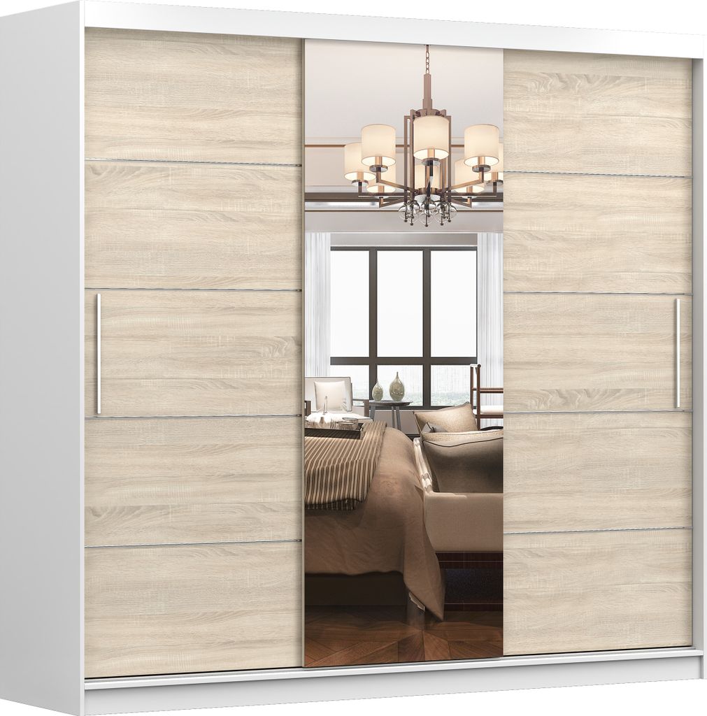 MOEBLO Kleiderschrank ALFA – Schwebetürenschrank 2-türig Schrank Garderobe Schiebtüren Schlafzimmer, Dekorative Aluminiumleisten, Kleiderstang...