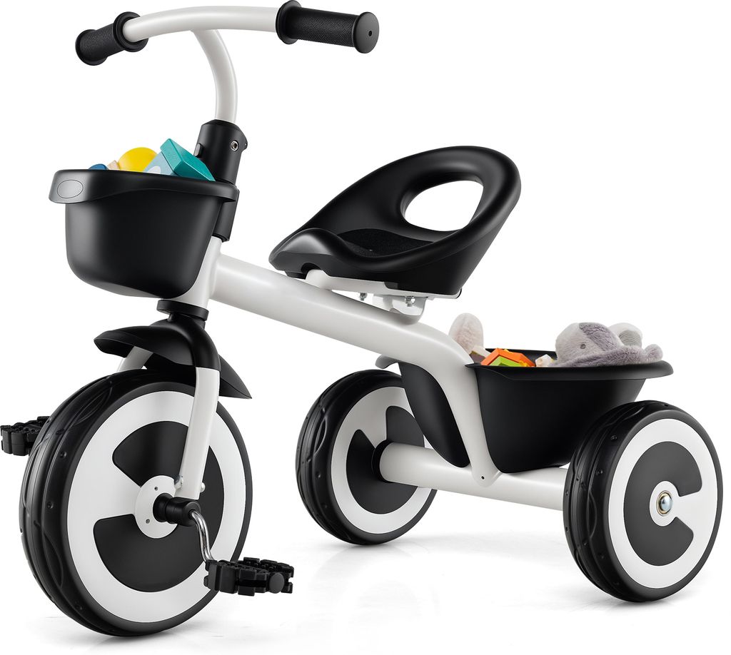 COSTWAY Laufrad Laufräder mit verstellbarem Sitz, 2 Körben vorne & hinten, 3-Rad Lauffahrrad Carbon-Eisenrahmen, Dreirad für Kinder von 1,5-5 Weiß