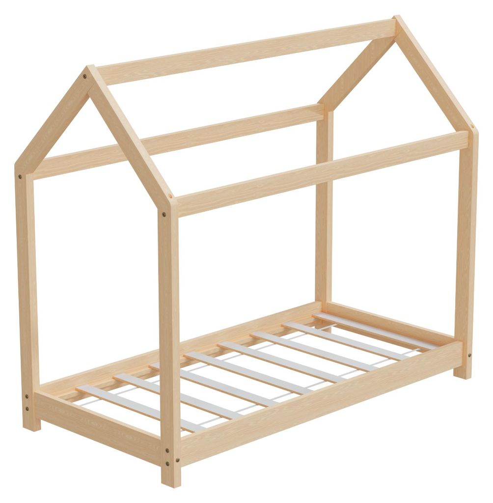 HAGO24 Kinderbett 70x140cm Natur Kinderhaus Bett Kiefernholz Hausoptik Dach Bodentiefer Einstieg Montessori Lattenrost Spielbett