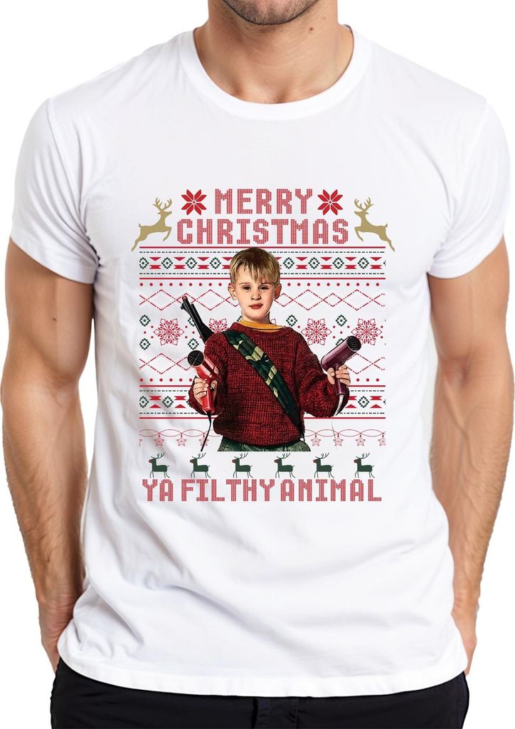 Merry Christmas Ya Filthy Animal Weihnachten Kevin Kult Humor Herren T-Shirt, Weiß, S