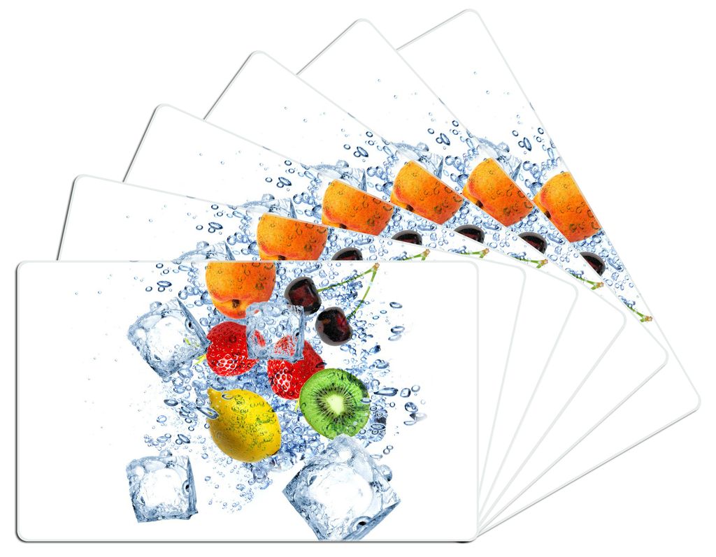 Wallario Frühstücksbrettchen 6er Set aus Glas, je 14 x 23 cm, mit rutschfesten Füßen, Motiv Obst-Eiswürfel-Mix im Wasser mit weißem Hintergrund