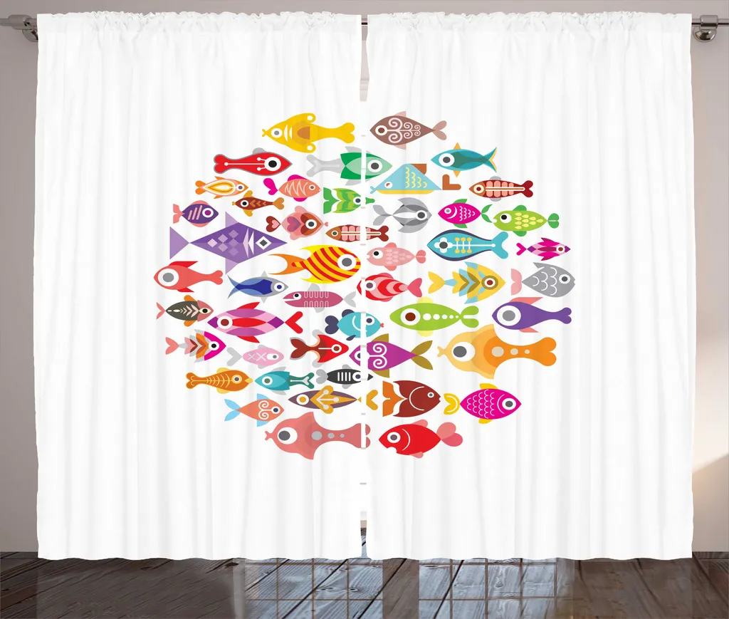 ABAKUHAUS Rideau à ruban froncé motif poisson coloré - 280 x 225 cm