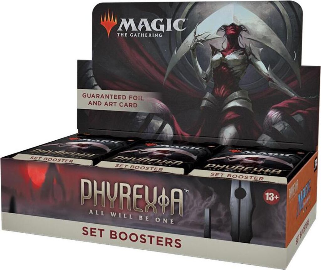 A display box of Magic: The Gathering Phyrexia: All Will Be One Set Boosters.