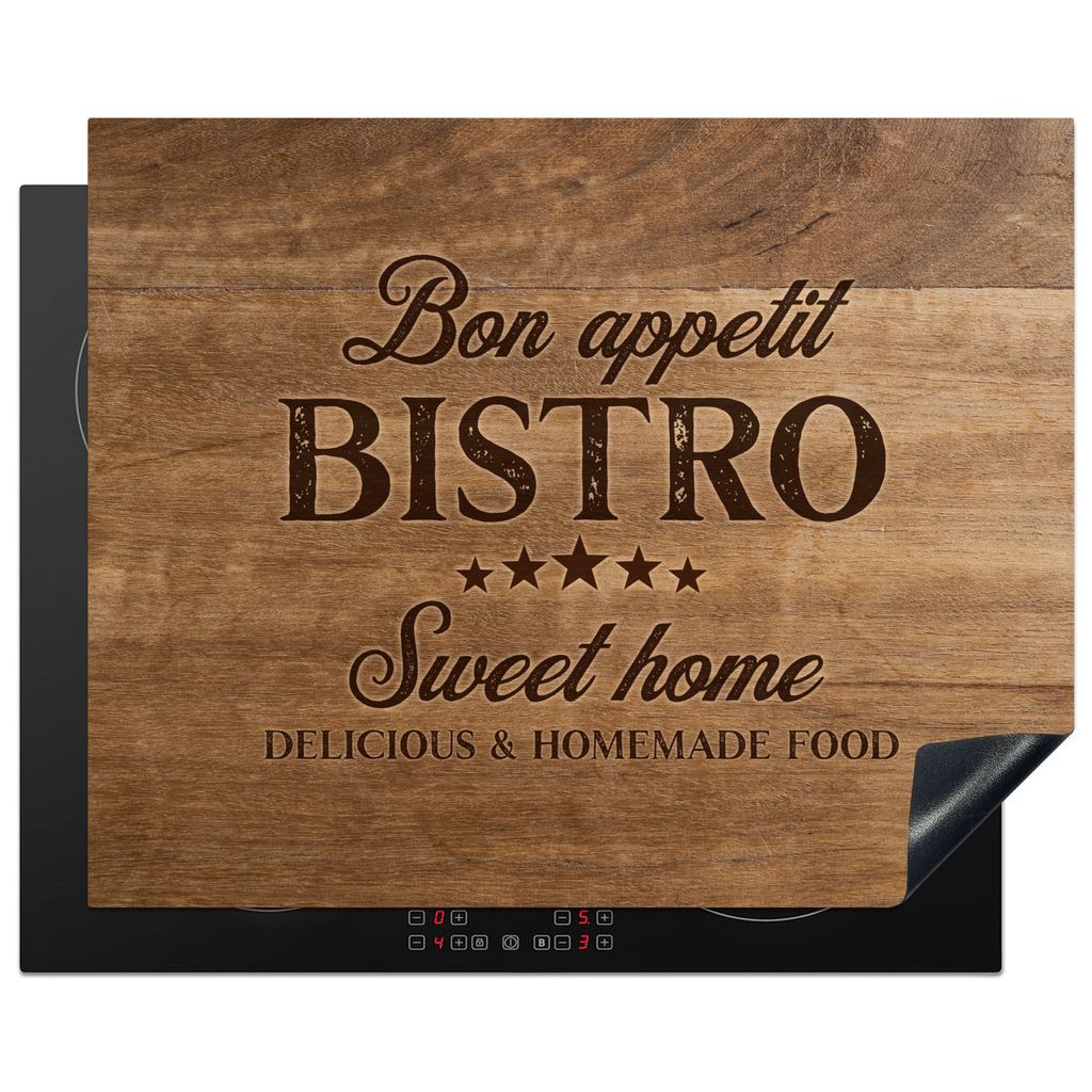 KitchenYeah Herdabdeckplatte Zitat - Bistro - Holzstruktur , 65x52cm, Küche Deko, Glaskeramikkochfeld Herdabdeckung, Abdeckplatte fùr Kochfeld