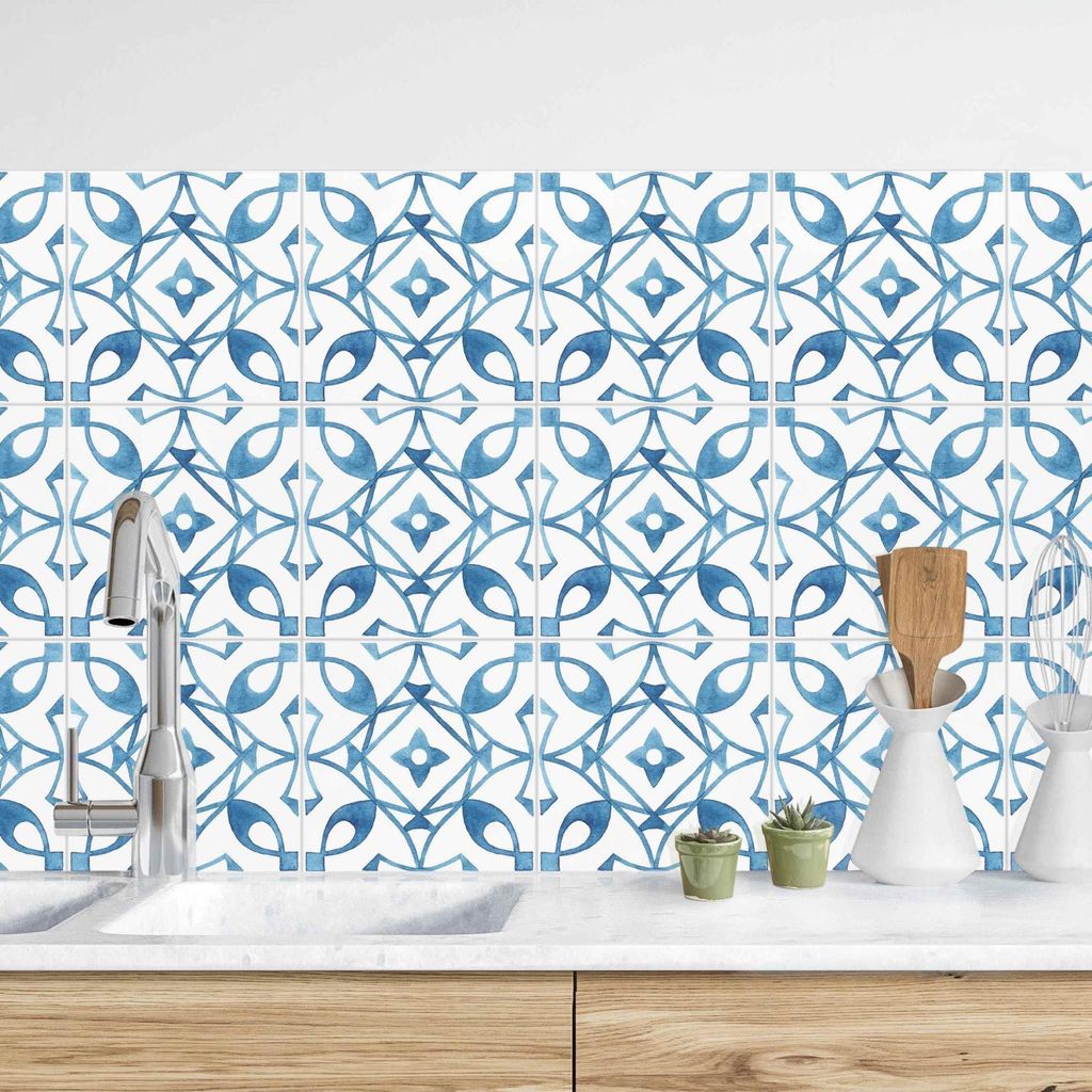 Küchenrückwand Muster selbstklebend - 0.65 mm Wandpaneel wasserfest Ornament blau Fliesenoptik Spritzschutz fugenlos