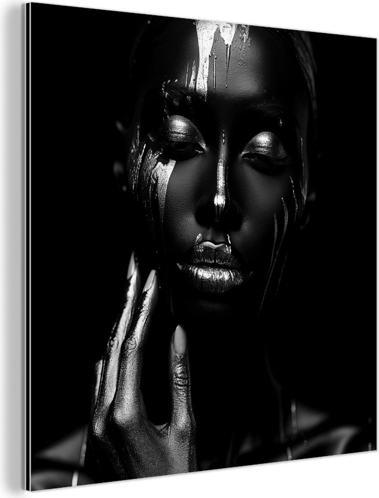 MuchoWow Wanddekoration Metall Metallbild Wandkunst 50x50 cm Frau - Abstrakt - Schwarz - Porträt MuchoWow Aluminium Gemälde - Alubild - Industrial