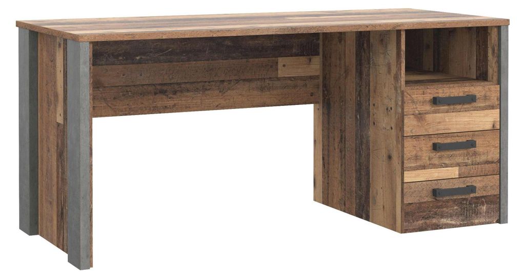 Schreibtisch CLIF 160 cm in Old Wood Vintage mit dunkelgrauer Betonoptik, Gesamtansicht von vorne mit Schubladenelement rechts.