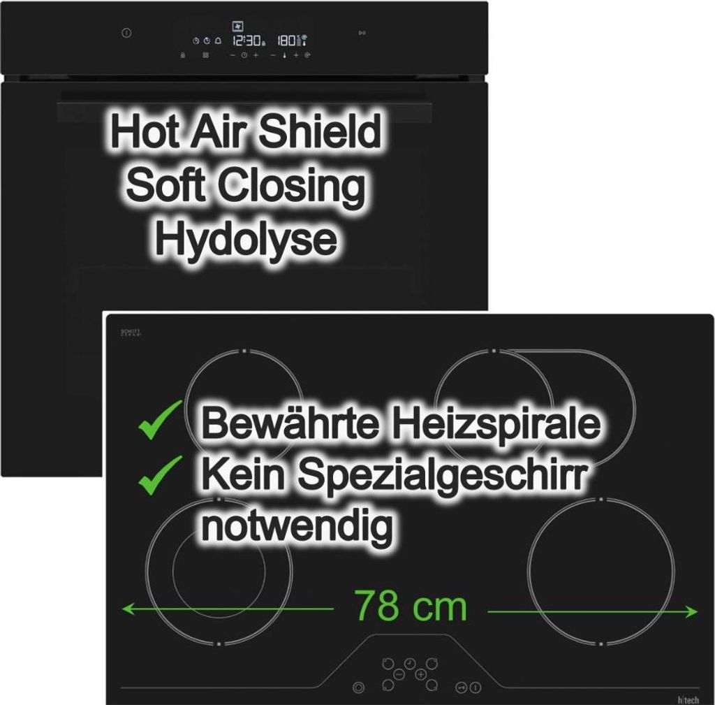 Einbaubackofen Schwarz Hydrolyse SoftClose mit Glaskeramikkochfeld 78 cm Zweikreis Bräterzone