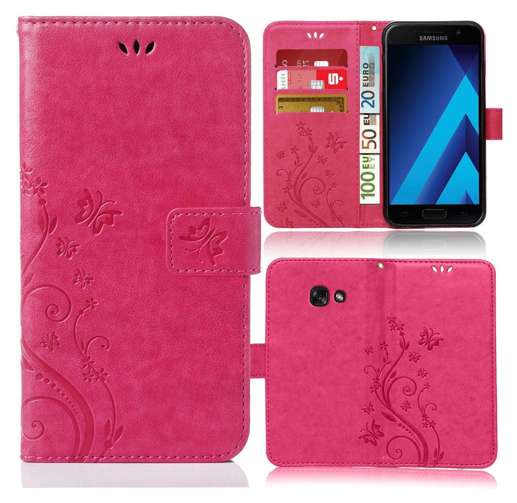 A collage of images showing a pink flower-look bookstyle phone case for a Samsung Galaxy J4 Plus.