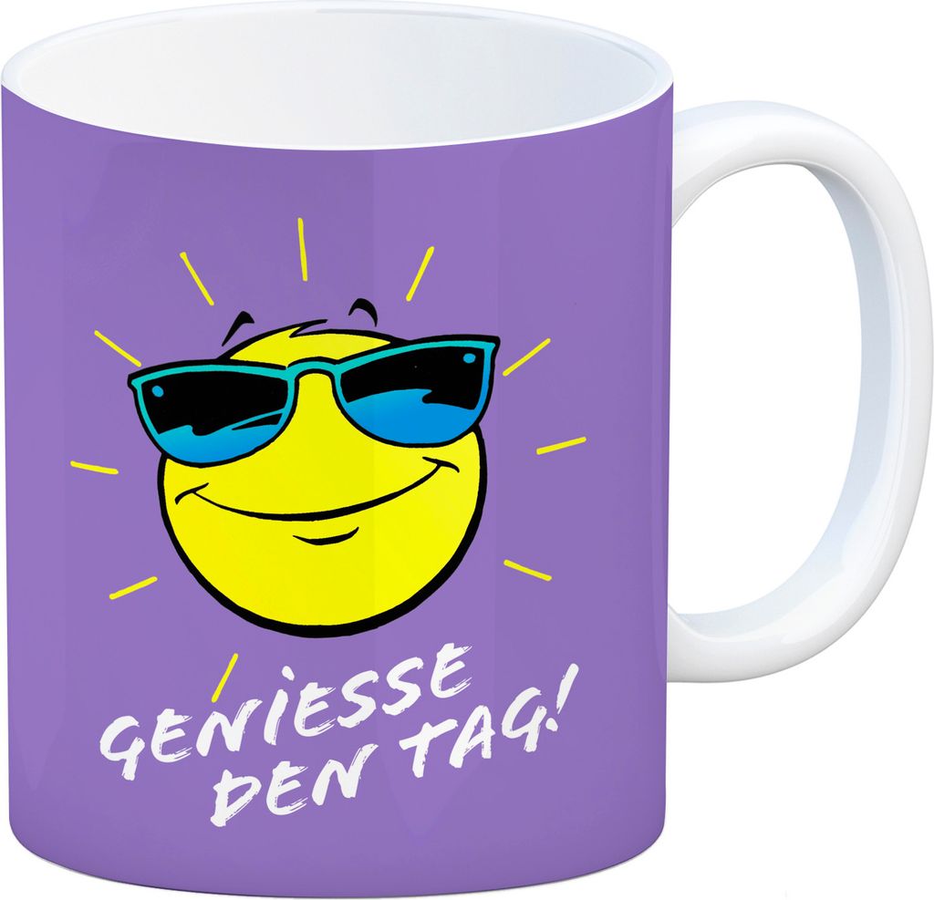 Geniesse den Tag! Kaffeebecher mit strahlender Sonne in lila