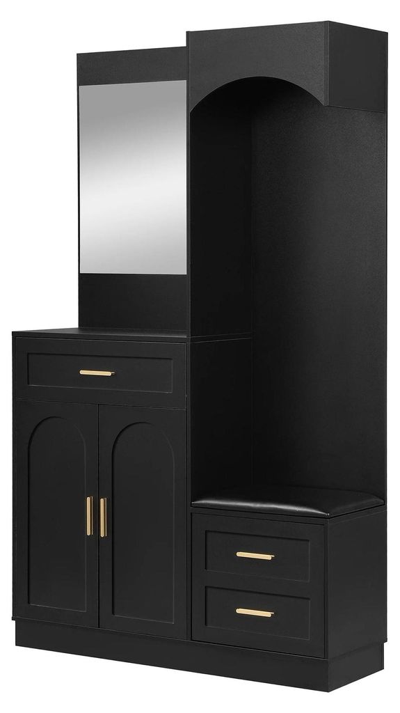 Moderner Kleiderschrank mit Schuhschrank - Garderobenregal - Spiegel & Schubladen - 110×33×185,5 cm - Spanplatte - 50 kg Tragkraft - Schwarz