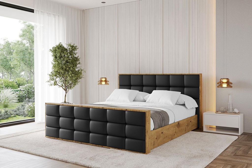 ALTDECOR Polsterbett mit Bettkasten - ENZO2-Z - 160x200 Schwarz Kunstleder- Bett mit Kopfteil und Fußteil, Boxbett ohne Matratze, Doppelbett mit S...