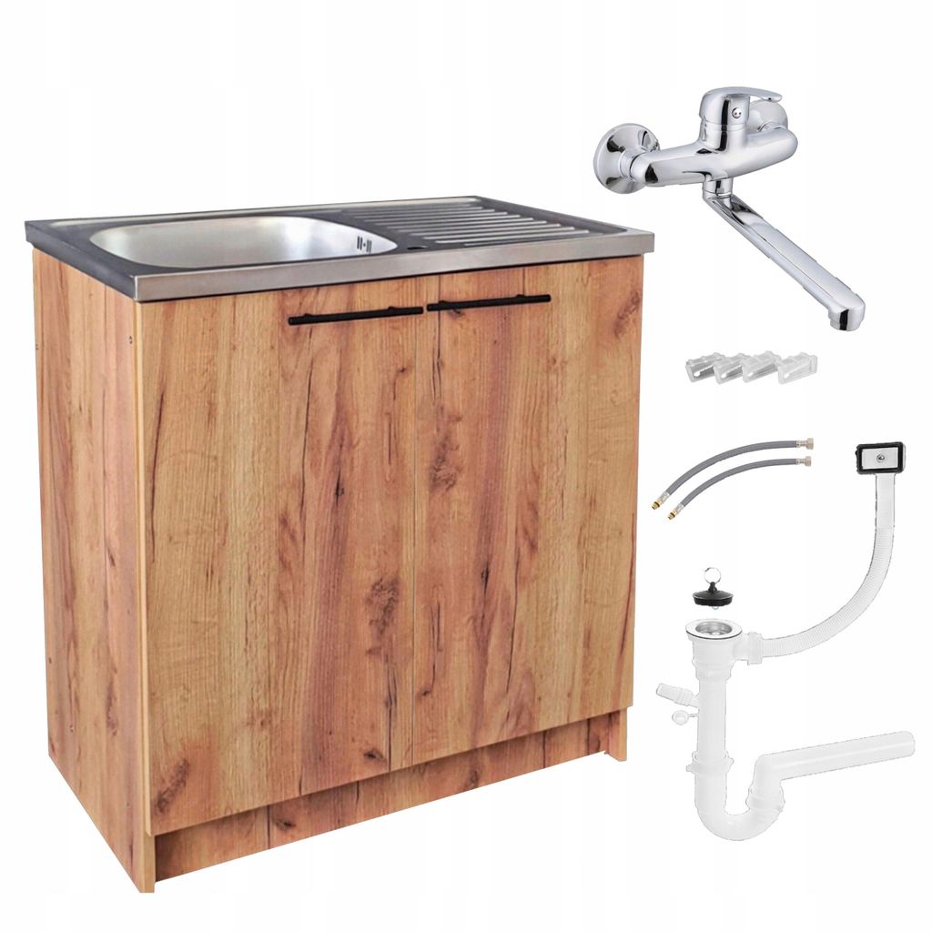 Stamar | Küchenunterschrank 80 cm, mit Spüle und Armatur, eiche gold