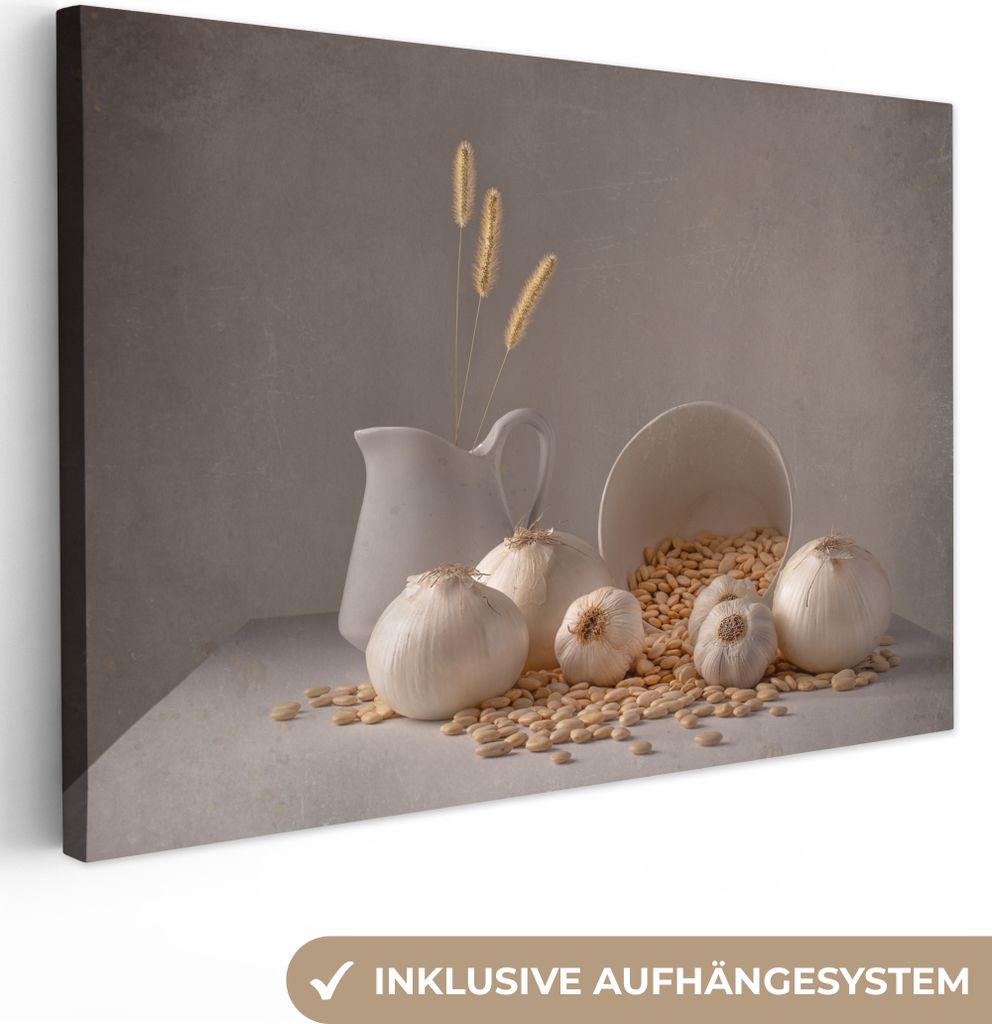 OneMillionCanvasses - Leinwandbilder - 150x100 cm, Zwiebeln - Stilleben - Weiß - Beige, Wandbilder Kunstdruck Wanddekoration - Foto auf Leinwand...