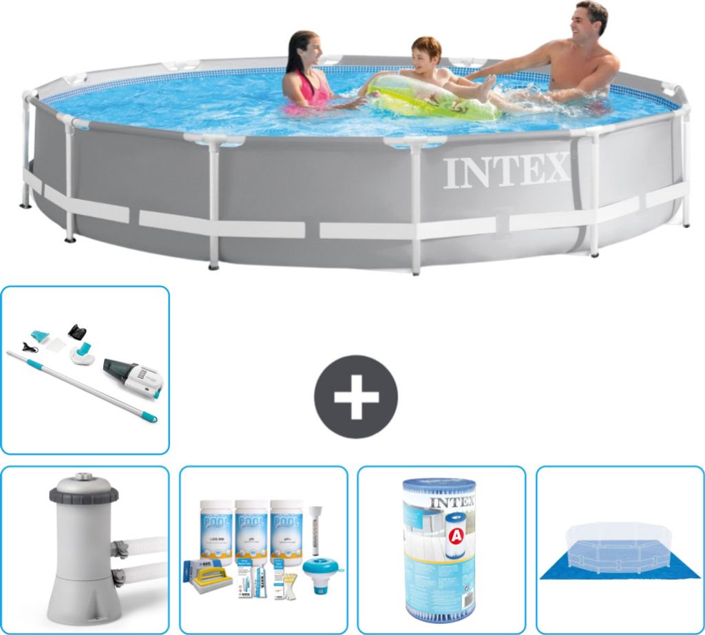 Intex Round Prism Frame Swimming Pool – 366 x 76 cm – Grau – inklusive Pumpe Wartungspaket - Filter - Bodenplane - Staubsauger