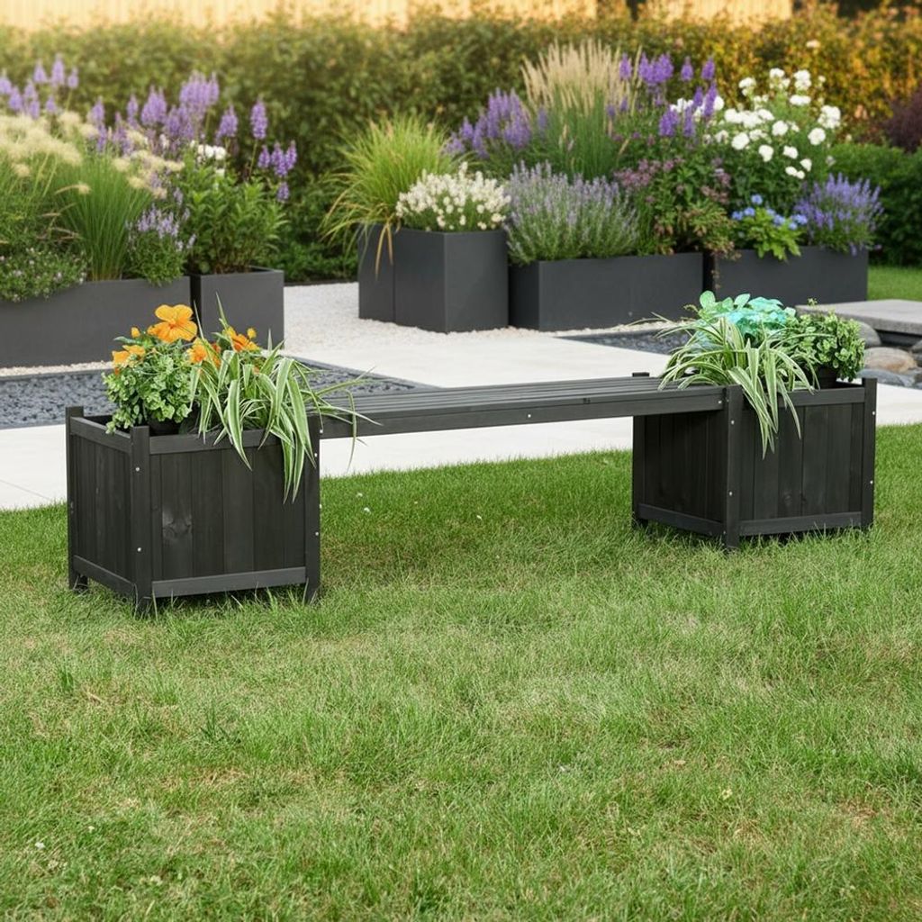 A garden bench with integrated planters sits on a lawn, with a background of various plants and planters.