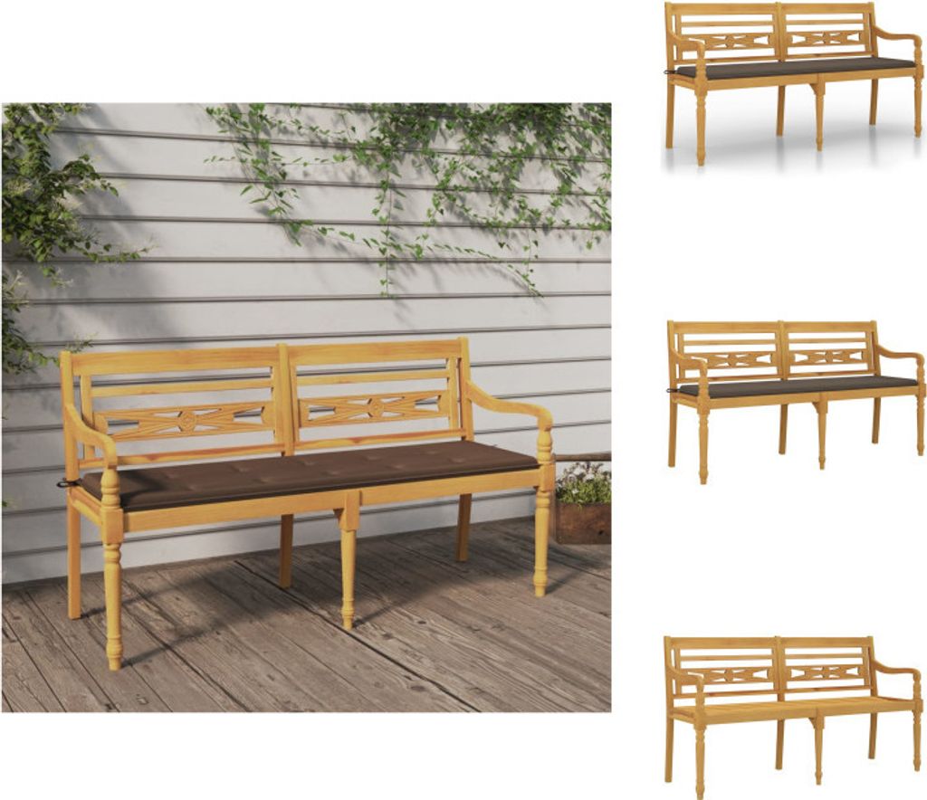 vidaXL Batavia-Bank mit Taupe Kissen 150 cm Massivholz Teak - Gartenbänke