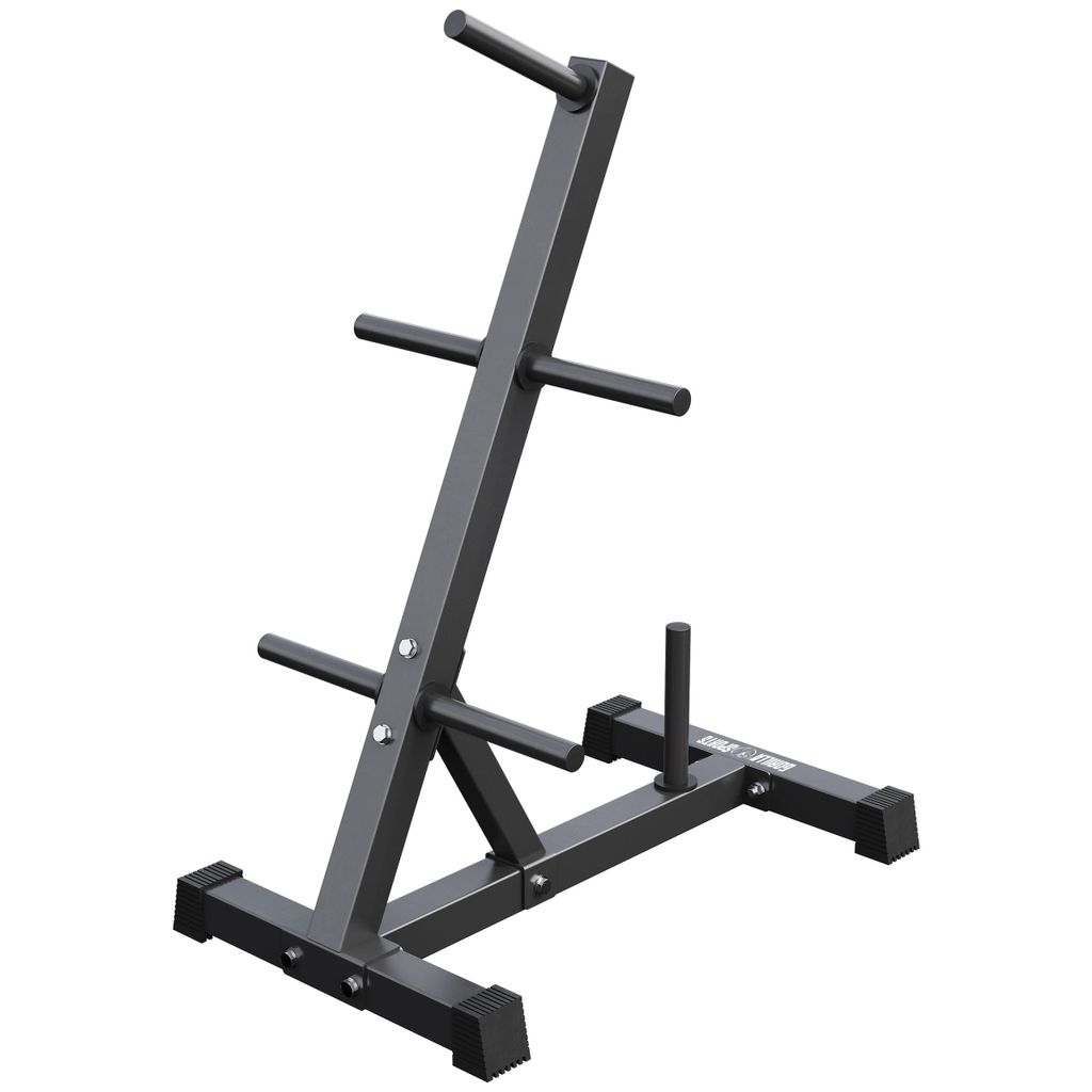 A black weight plate rack with multiple arms for storing weight plates, shown against a white background.