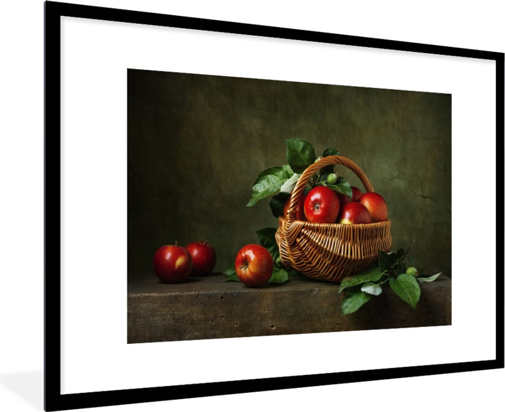 MuchoWow Gerahmtes Poster Rustikal - Apfel - Obst - Rot - Korb - Stilleben 90x60 cm - Poster mit Schwarzem Bilderrahmen Wandposter Rahmen Foto Bi...