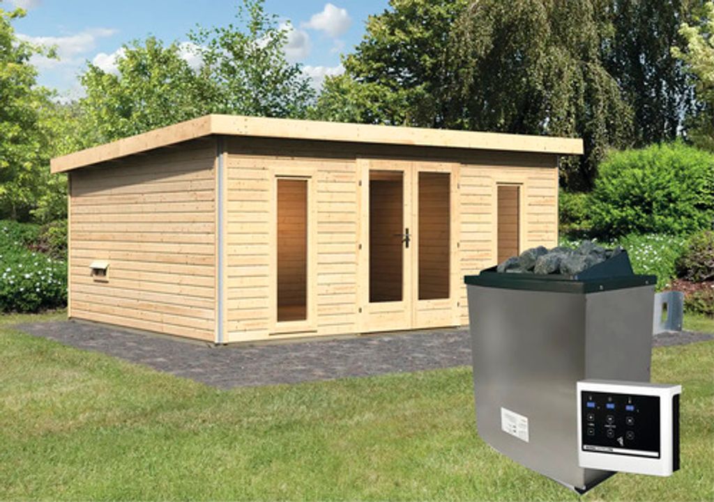 Saunahaus Karibu Sainburga 4 Set A inkl. 9 kW Ofen u.ext. Steuerung mit Vorraum, Fenster und Holztüre mit Klarglas