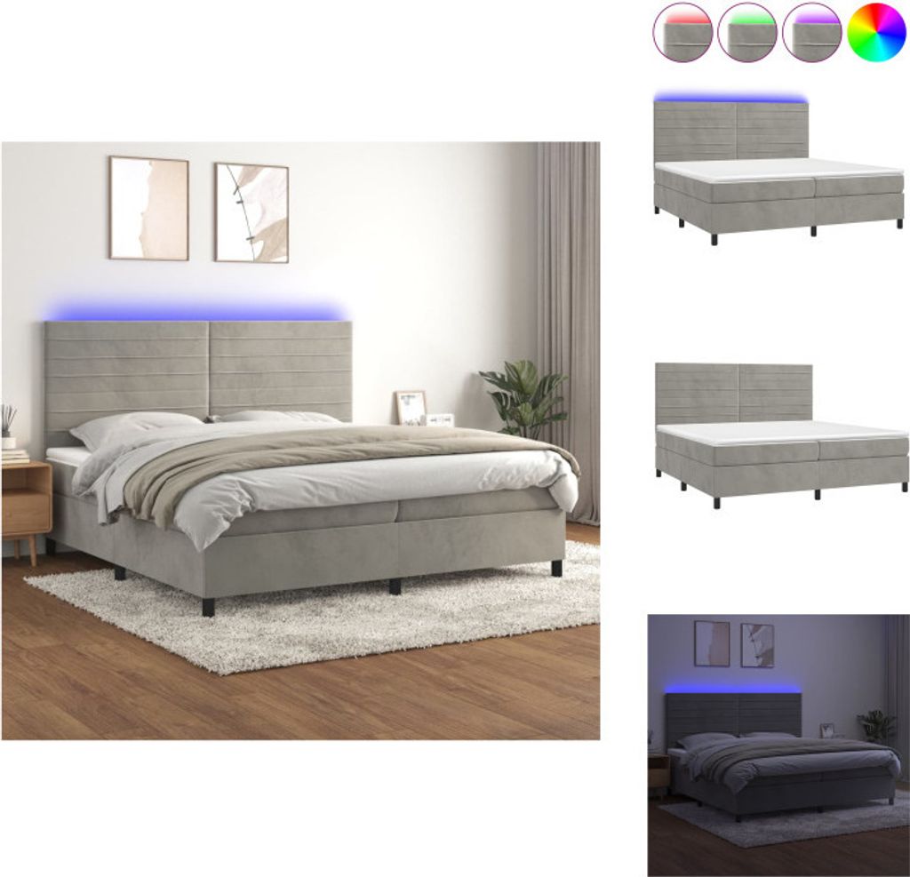 vidaXL Boxspringbett mit Matratze & LED Hellgrau 200x200 cm Samt - Betten & Bettgestelle