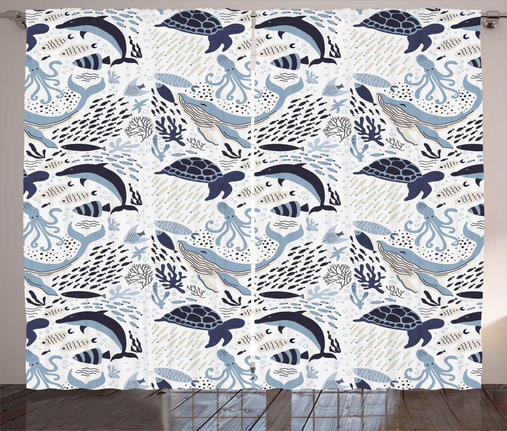 ABAKUHAUS Aqua Quallen Rustikaler Vorhang, Octopus Coral Schildkröte, Wohnzimmer Universalband Gardinen mit Schlaufen und Haken, 280 x 225 cm, Meh...