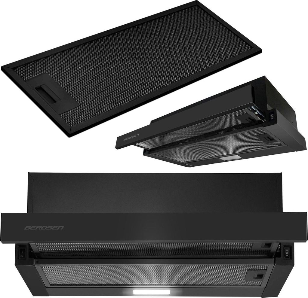 A black telescopic kitchen hood and its filter are displayed against a white background.