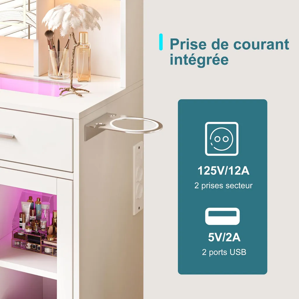 Coiffeuse avec plateau en verre trempé blanc et support sèche-cheveux