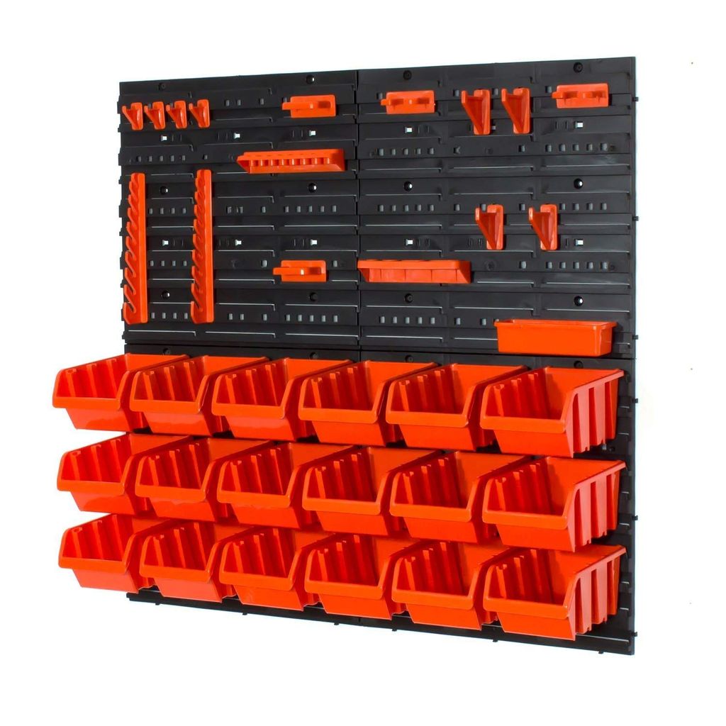 18 Stapelboxen mit Wandregal 80 x 80 cm | lager wandplatten lagerregal