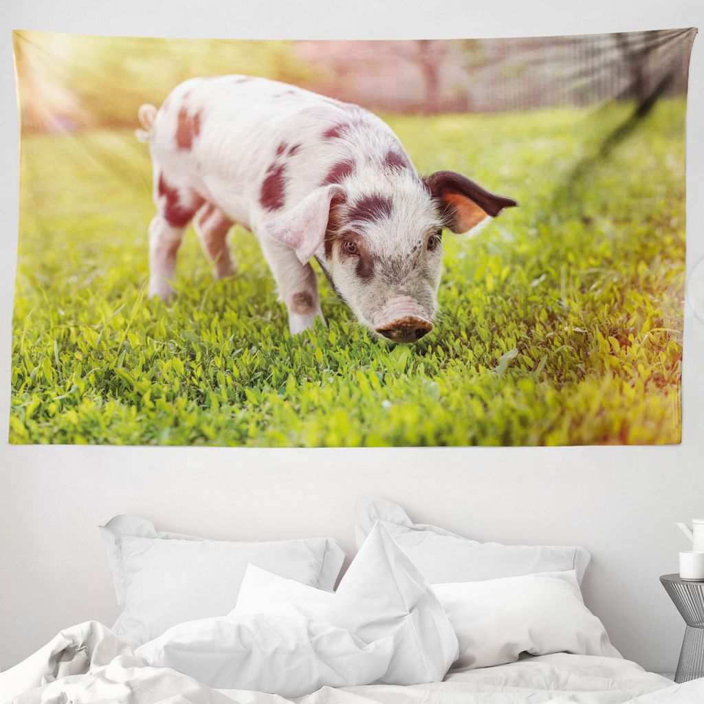 ABAKUHAUS Bauernhoftier Wandteppich, Baby-Schwein mit Spots aus Weiches Mikrofaser Stoff Waschbar ohne Verblassen Digitaldruck, 230 x 140 cm, Mehrf...