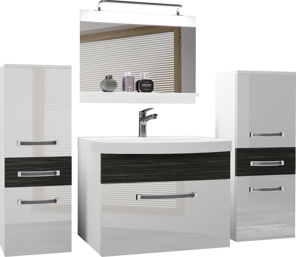BELINI Badmöbel Vollausstattung Set Waschbeckenschrank, 2x kleiner Schrank, Waschbecken, Spiegel, Lampe (Weiß / Königliches Ebenholz, Glänzend ...