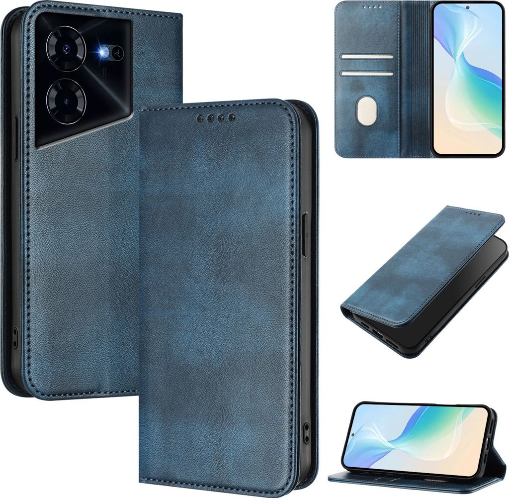 Handyhülle für Tecno Pova 5 Pro 5G, Vintage Leder RFID Schutz Kartenfach Standfunktion Magnetische Klapphülle Blau