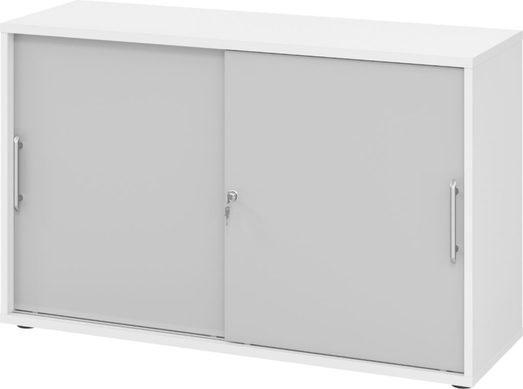bümö Schiebetürenschrank office - 2 Ordnerhöhen - Griff: Relinggriff (Kunststoff), Nachbildung: Weiß/Grau