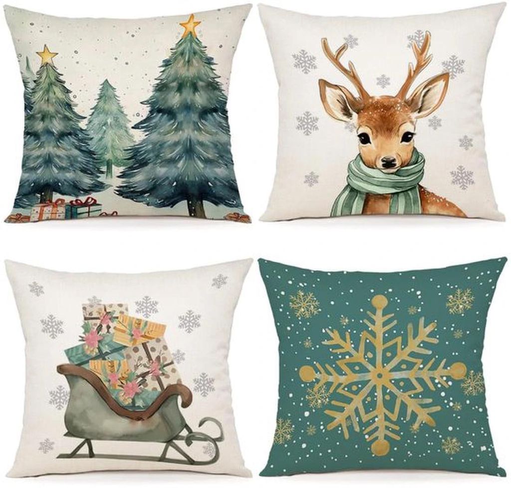 Unyqoos Set mit 4 Weihnachtskissenhüllen aus hochwertigem Leinen für festliche Dekoration im Haus und Garten
