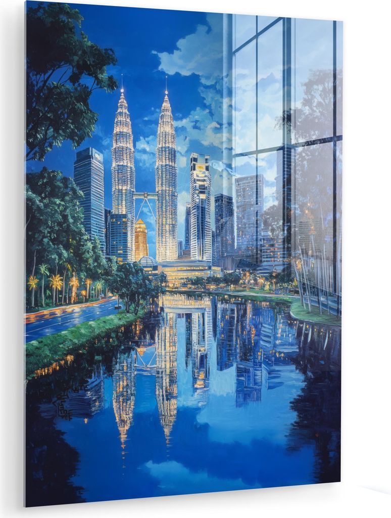 MuchoWow Glasbilder - Bilder auf Wandbild - Foto auf Glas Stadt Kuala Lumpur - Skyline - Wolkenkratzer - Wasser 60x80 cm Wanddekoration aus Glas - ...