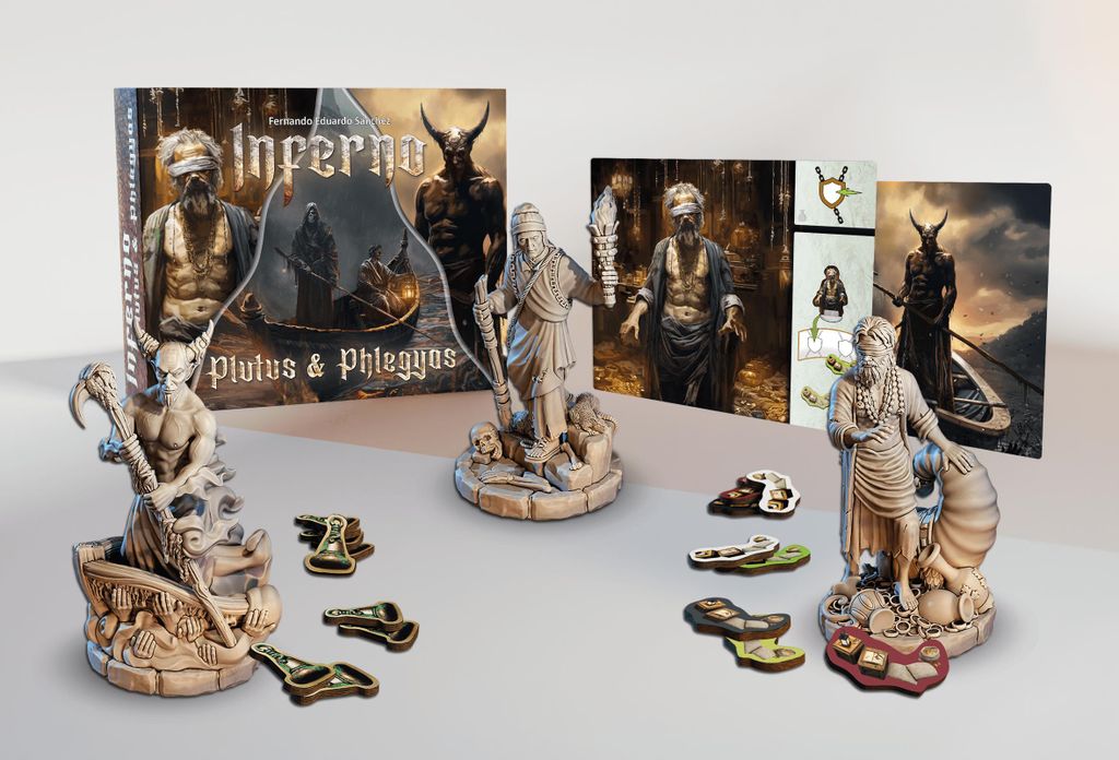 A tabletop display of board game components, including miniatures, cards, and a game box.