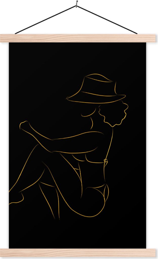 MuchoWow Textilposter Frau - Hut - Gold - Schwarz 40x60 cm mit holzfarbenen Rahmen - Poster